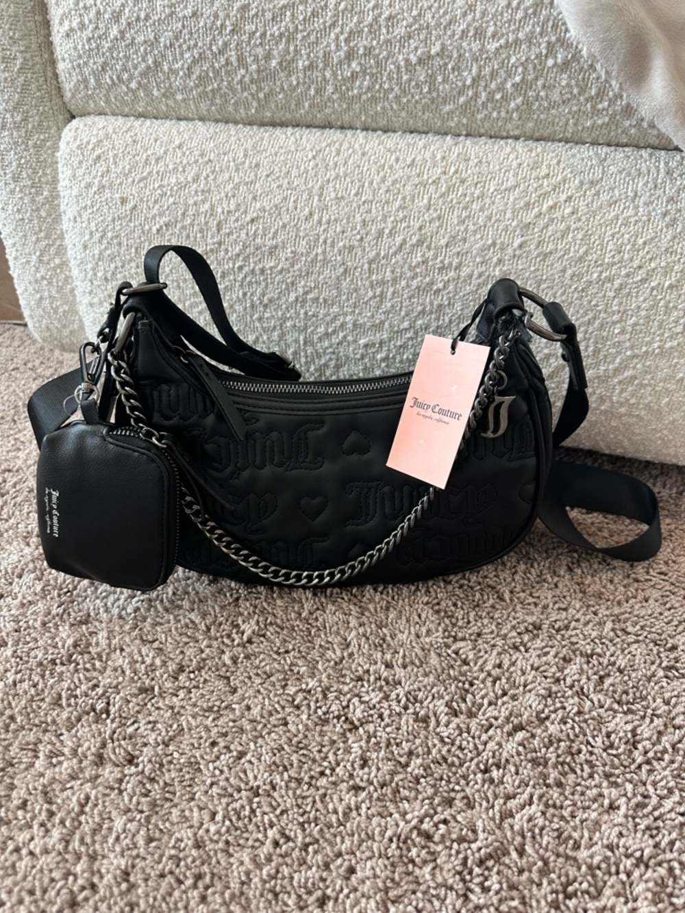Juicy Couture Shoulder Bag Black Embossed Logo Y2K Crossbody NWT Chain Strap